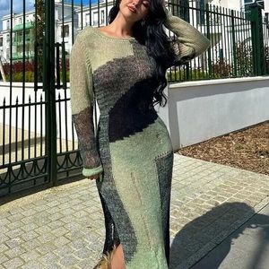 Green Color Block Irregular Slit Dress